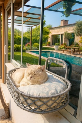 Tasaryum Pencere Kenarına Monte Edilebilir Macrame Örgü Kedi Hamağı, Gri Renk, Vantuzlu Gri, Büyük Boy