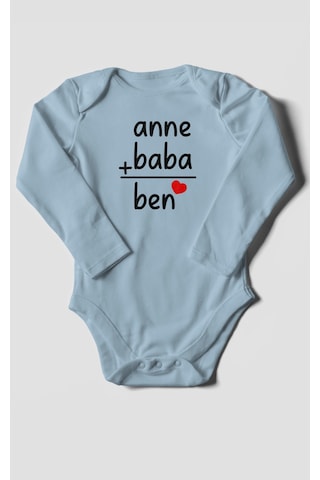 Anne Baba Ve Ben Baskılı Bebek Zıbını Çıtçıtlı Body %100 Pamuk Uzun Kol Bebe Mavisi