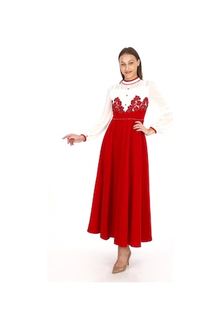 Göğüs Dantel İşlemeli Kadife Abiye 2743- Kırmızı