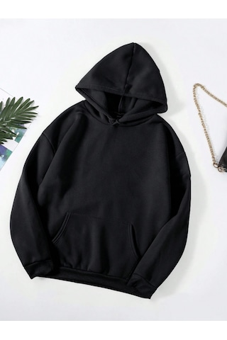 Startmore Siyah Unisex Kadın/erkek Düz Renkli Pamuklu Oversize Kapüşonlu