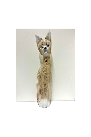 Ahşap Dekoratif Kedi 80 Cm A. Kahva Otantik El Yapımı Biblo