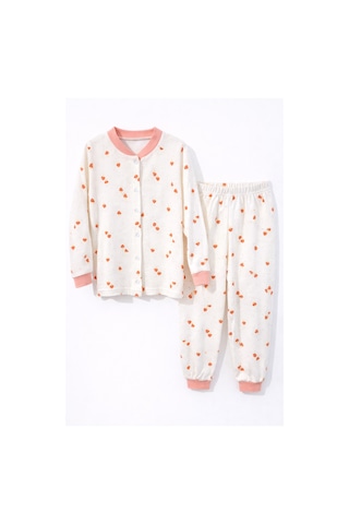 Mantar Temalı Önü Düğmeli Kız Çocuk Pijama Takımı Beyaz