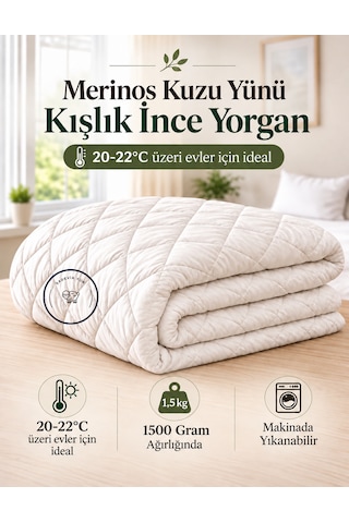 Tek Kişilik %100 Merinos Kuzu Yünü Kışlık İnce Yorgan Doğal Yün Dolgulu Beyaz