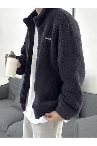 Oversize Tam Fermuarlı Kuzu Sweatshirt İçi Polarlı Sherpa Kumaş Sweatshirt Füme