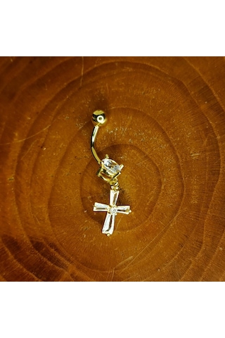 Aya Tasarım Gold Renk Taşlı Haç Figürlü Göbek Piercing