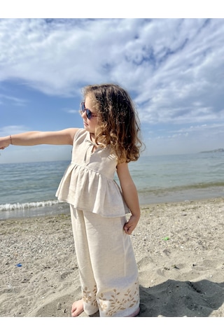 Paçaları Nakışlı Keten Kız Çocuk Takım Natürel Bej