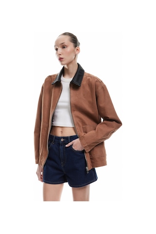 Koton Suni Deri Yaka Detaylı Fermuarlı Cepli Denim Ceket Koyu Kahverengi 5sal50043md Koyu Kahve