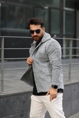 Sr Tekstil Pelüş Ceket Unisex Normal Kalıp Cep Detaylı Gri