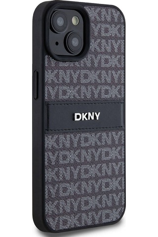 Apple Uyumlu iPhone 15 Kılıf Dkny Lisanslı 3d Yazılı Repeat Texture Pattern Kapak Siyah