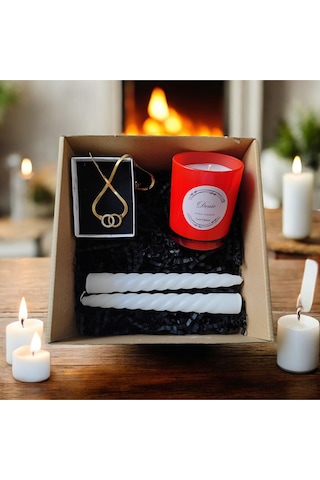 Denic Hediye Seti Kokulu Kırmızı Bardak Mum Yaşam Agacı Kolye Beyaz Burgulu Mum