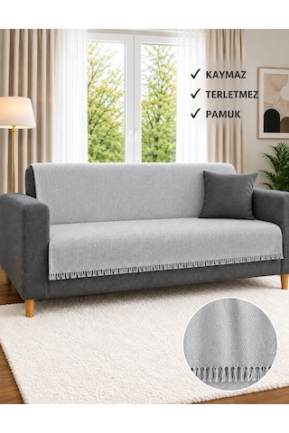 %100 Pamuk Kaymaz & Terletmez & Saçaklı & Yumuşak Koltuk Örtüsü-tek Ve Çift Kişilik Koltuklar İçin- 170 X 200 Cm Açık Gri