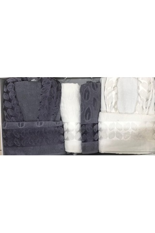 Royam Fecr %100 Pamuk Kadife Aile Bornoz Seti Antrasit