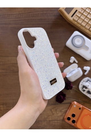 Samsung A07 Uyumlu Kadife İç Yüzey Tasarımlı Taşlı Işıltılı Parlak Pırlanta Kılıf Dia Plus Beyaz