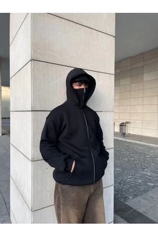 Mbb E-ticaret Samuray Ninja Çift Kapşonlu Zıp Fermuarlı Kanguru Çepli Tam Fermuarlı Hoodie Swetshirt - Siyah