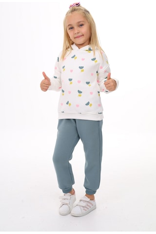 Toontoy Kids Toontoy Kız Çocuk 2'li Takım Baskılı Kapüşonlu Sweatshirt & Beli Paçası Lastikli Jogger Eşofman Altı - Renk Bloklu & 3 İplik Şardonlu Mint