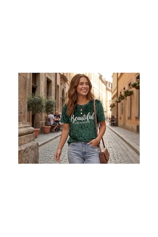 Maşuka Kadife Kumaş Yazlık Kadın T-shirt Tişört Zümrüt Yeşili Zümrüt Yeşili