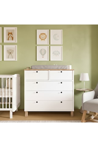Robin Home Merlin Bebek Odası Çocuk Odası Şifonyer 5 Çekmece Ahşap Ayaklı Beyaz-sepet