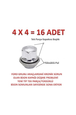 Yok Yok Oto Ford Courier Bijon Somunu Krom Yüksüklü 16 Adet 19mm
