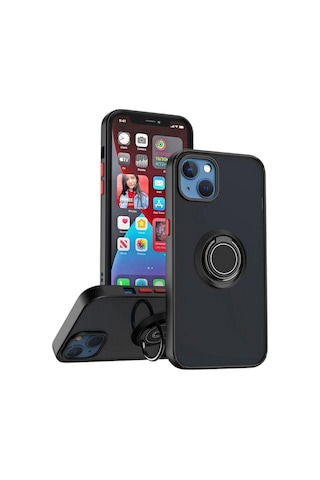 Apple Uyumlu iPhone 13 Kılıf Yüzüklü Standlı Extra Darbe Koruma Sert Silikon Kapak Siyah