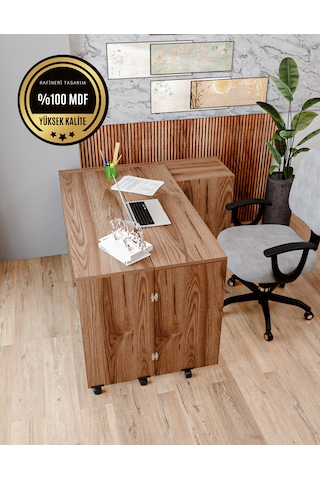 Rafineri Flor Çalışma Masası Dolaplı Açılır Katlanır Masa Mdf Ceviz
