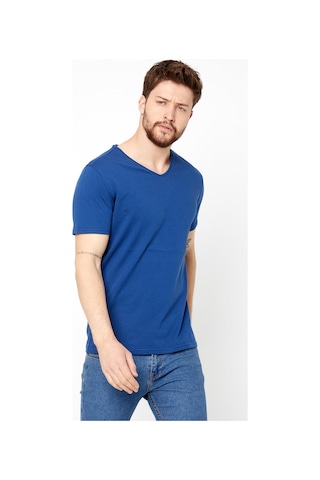 Erkek Indigo %100 Pamuk Basıc Regular Fit Pamuklu Kısa Kollu V Yaka T-shirt İndigo