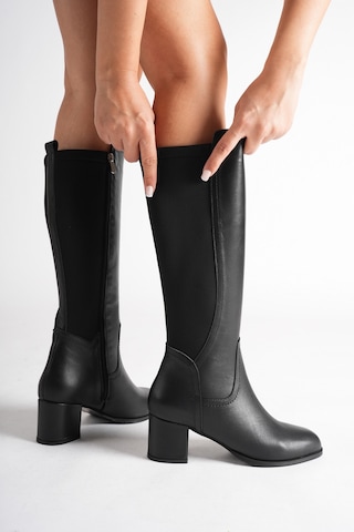 Analin Shoes Kadın Siyah Hakiki Deri Arkası Esnek Lastikli Topuklu Çizme