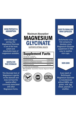 Bioschwartz Magnesium Glycinate 500mg Nerves Muscles Heart Mood And Sleep Support 120 Aromasız