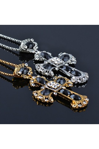 Soulader Vintage Tarz Çapraz Kolye Uzun Zincir, Siyah Renkli Taş Detaylı Kadın Kolyesi, Özel Günler İçin Şık Takı Çok REnkli