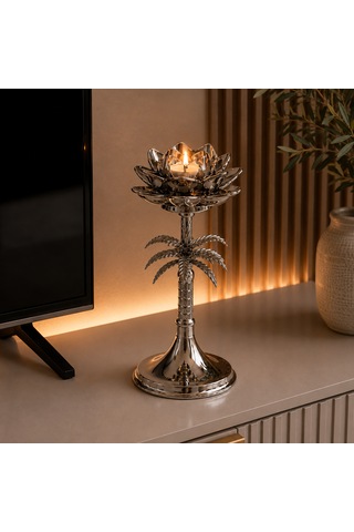 Palmiye Desenli Gümüş Renk Metal Lotus Mumluk 3'lü Şamdan Seti Dekoratif Mumluk