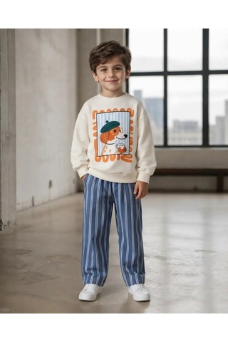 Kidsroom Çizgili Gabardin Pantolonlu Erkek Çocuk Takım Ekru