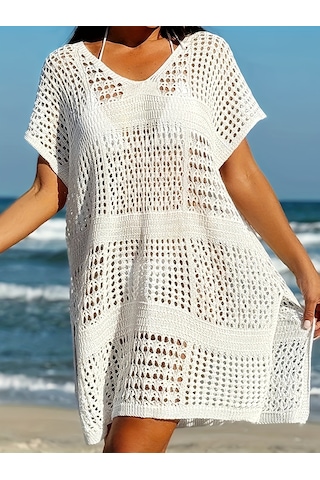 Şık Beyaz V Yaka Örme Plaj Elbisesi Oymalı Beyaz