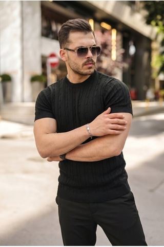 Veraura Lifestyle Erkek Örgü Desen Bisiklet Yaka Triko Tişört - %100 Pamuk Akrilik Siyah
