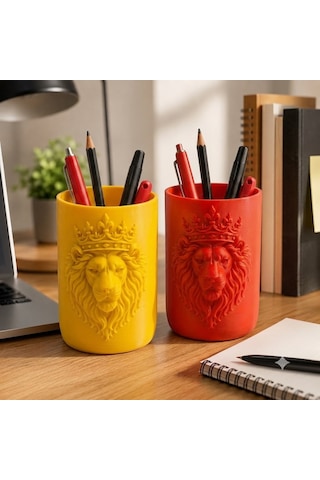 Aslan Figürlü Kalemlik Masaüstü Kalem Organizeri 10x6 Cm 3d Baskı Dekoratif Kalem Kutusu Ofis Ev Çalışma Masası Aksesuarı Sarı