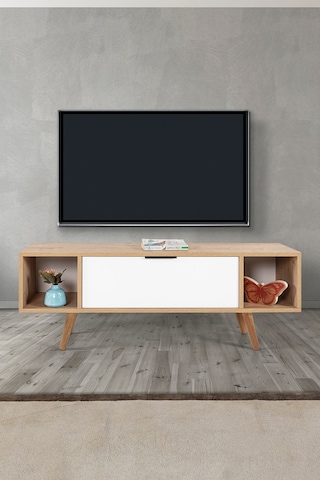 3328 Mesir 130 Cm Ahşap Ayaklı , Metal Kulplu Tv Ünitesi , Safir - Beyaz , Tv Sehpası Safir - Beyaz