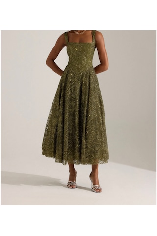 Uzer Abiye Işıltılı Sim Baskılı Jacquard Dokulu Kare Yaka Couture Premium Abiye Elbise,düğün Albisesi Haki