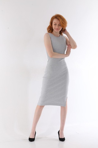 Kallima Gri Kolsuz Diz Altı Yırtmaçlı Fitilli Esnek Elbise Gri