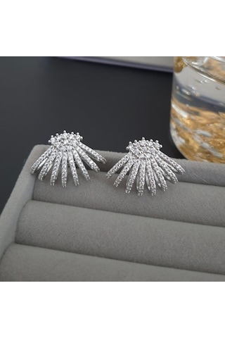 Vip Özel Seri Gümüş Renk Taşlı Abiye Kadın Küpe Gümüş