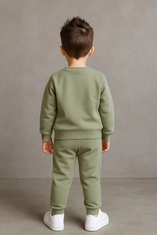 Erkek Çocuk Nakışlı İki Parça Eşofman Takımı %100 Pamuk Yeşil