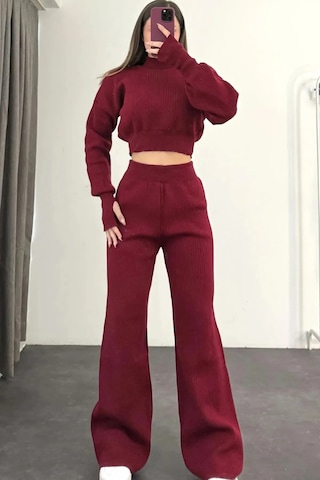 Cemre Life Parmak Geçirmeli Triko Takım Bordo