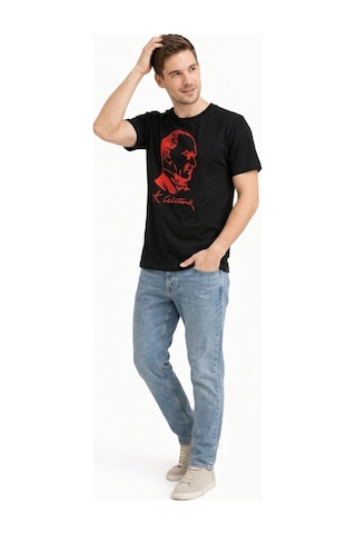 Barlashive Erkek Atatürk Baskılı Tişört Kısa Kollu Bisiklet Yaka T-shirt - Siyah Çok Renkli