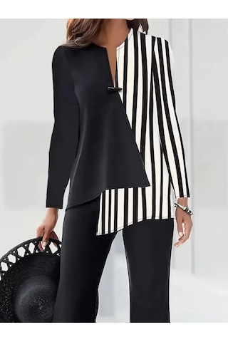 Kadın Bisiklet Yaka Düğmeli Çizgi Desenli Uzun Kollu Keten Bluz Siyah