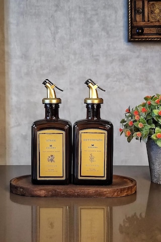 Khakma Ahşap Standlı Amber Gold Zeytinyağı Sirke Şişesi Yağlık Yağdanlık 2'li Set