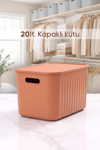 Kiremit Rengi Dolap Düzenleyici 20 Lt Kapaklı Saklama Kutusu Sepet Oyuncak Kutusu Organizer