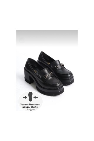 Dabab Shoes Chonora Kadın Siyah Cilt Zincir Detaylı Kalın Taban Topuklu Loafer Siyah - Siyah