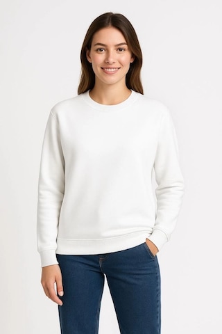 Mbb E-ticaret Kadın 3 İplik Pamuklu Düz Bisiklet Yaka Sweatshirt - Beyaz
