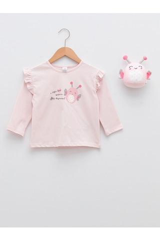 LC Waikiki Lcw Baby Pembe Bisiklet Yaka Uzun Kollu Baskılı Kız Bebek Tişört Ve Oyuncak 2'li Takım Açık Pembe