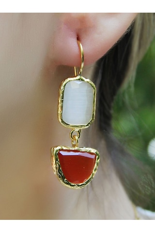 İkili Model Kedigözü Cam Sallantılı Kadın Küpe Euku26k Kırmızı