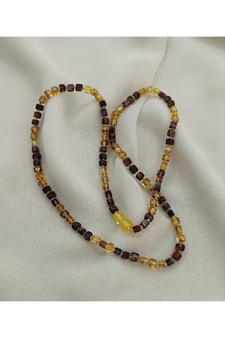Kolye Kehribar Amber Doğaltaş Küp Kesim Karışık Renkli Yetişkin Kolyesi Kahverengi
