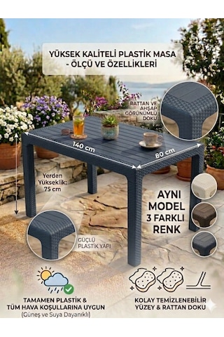 Evko Mobilya Rattan 80x140 Masa, Plastik Masa, Bahçe Balkon Teras Masası, Kare Masa, Dış Mekan Masası Antrasit