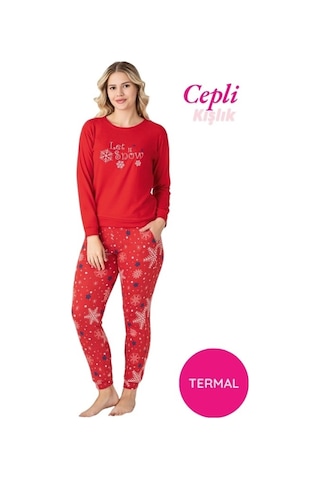 Kadın Bisiklet Yaka Düğmesiz Kışlık Termal Bilek Manşetli Jogger Uzun Kol Cepli Pijama Takımı Desenli